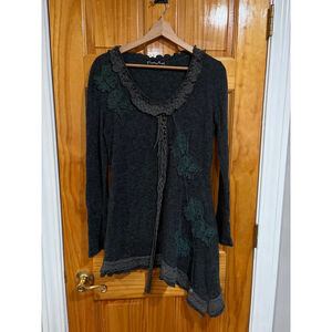 Pretty Angel Asymmetrical Lace Appliqué Boho Cardigan Top Green Gray Size S